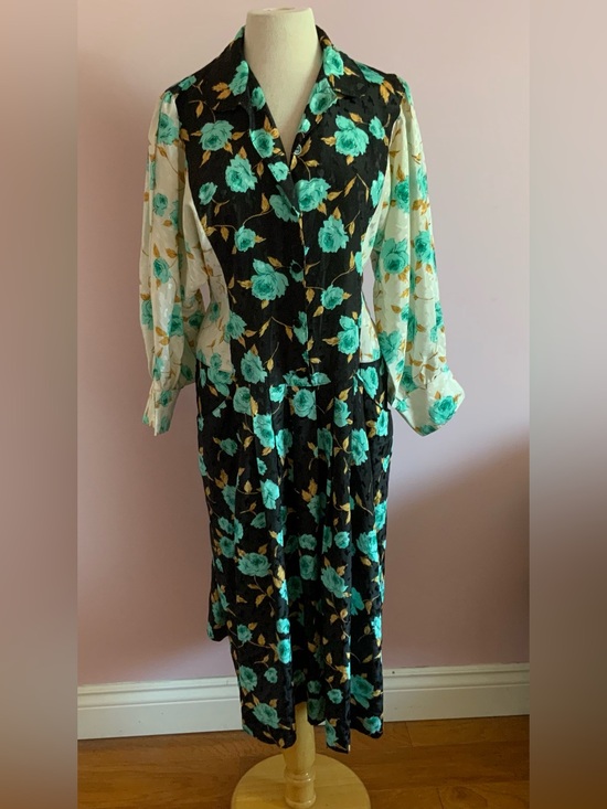 Dresses & Skirts - Vintage 80s Floral Long Sleeve Dress in Teal & Black